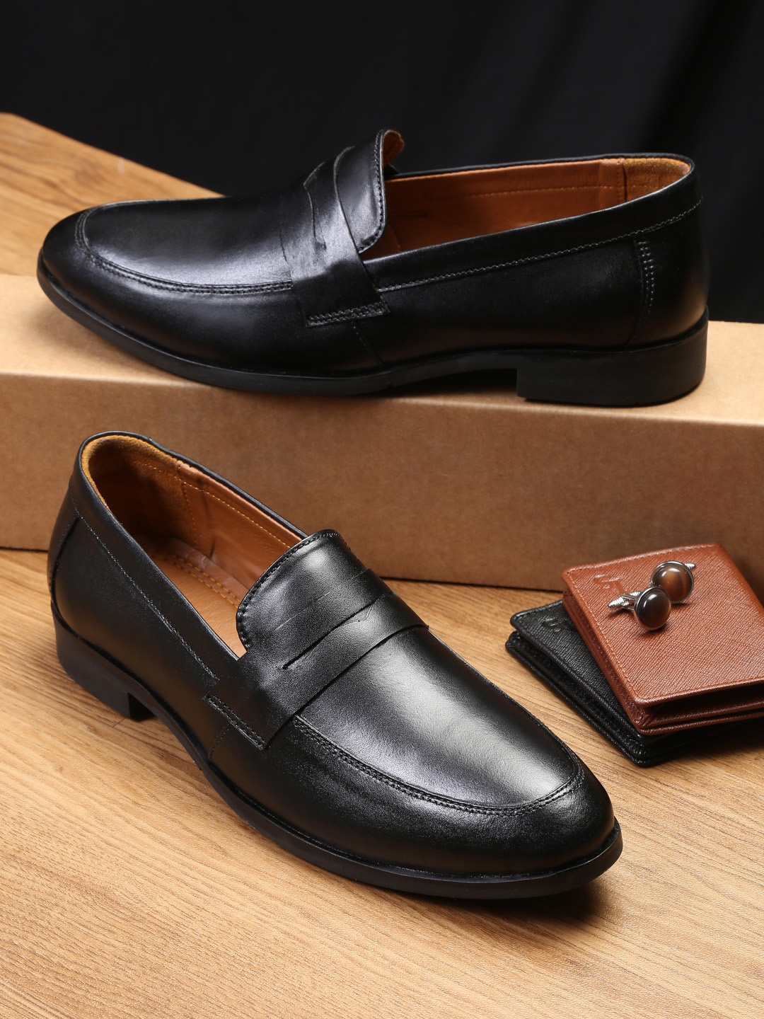 

LOUIS STITCH Men Black Solid Genuine Leather Slip-On Shoes