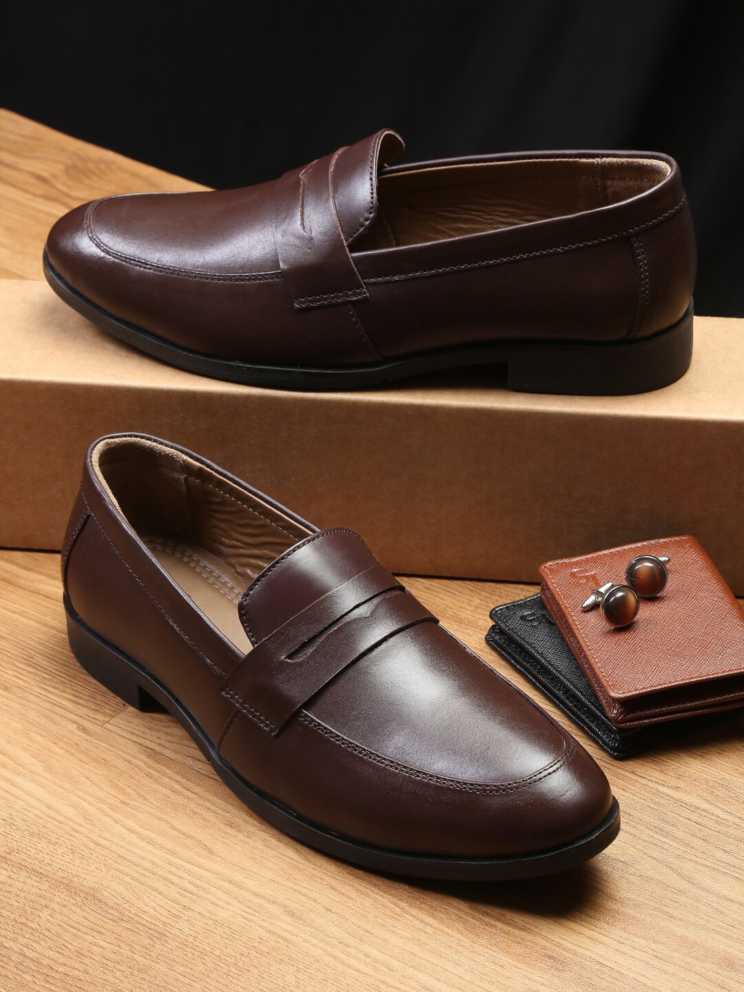 

LOUIS STITCH Men Brown Solid Formal Leather Slip-On Shoes