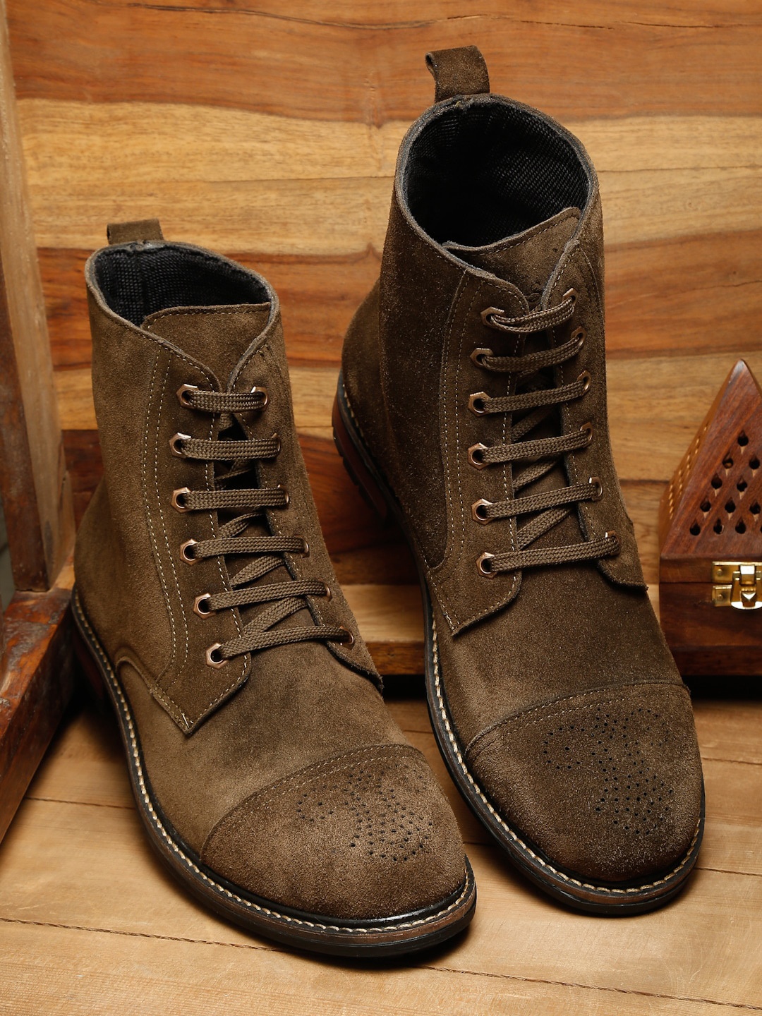 

LOUIS STITCH Men Italian Suede Leather Perforations High-Top Boots, Olive