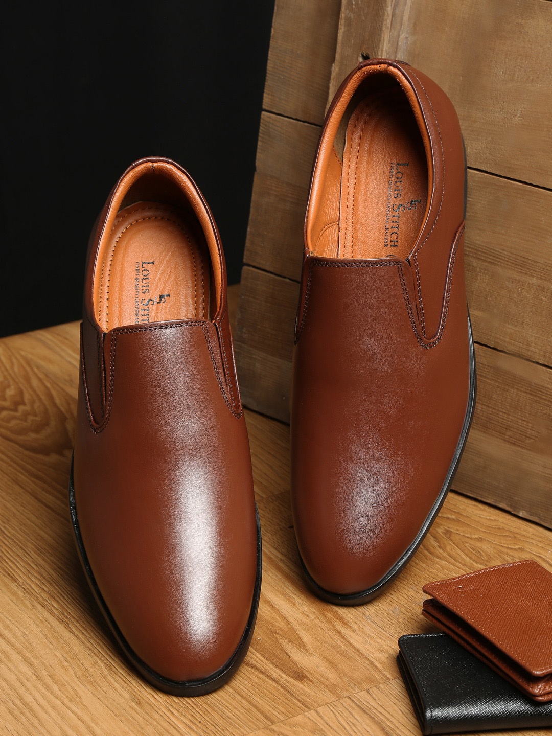 

LOUIS STITCH Men Brown Solid Leather Formal Slip-On Shoes