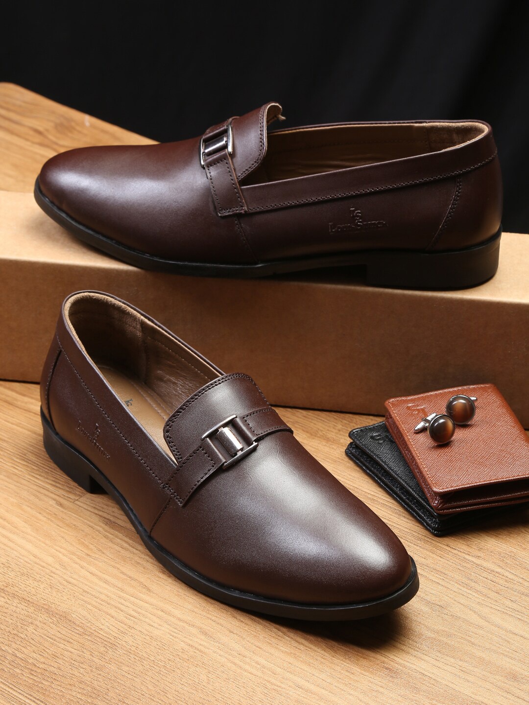 

LOUIS STITCH Men Brown Solid Italian Leather Formal Slip-On Loafers Shoes