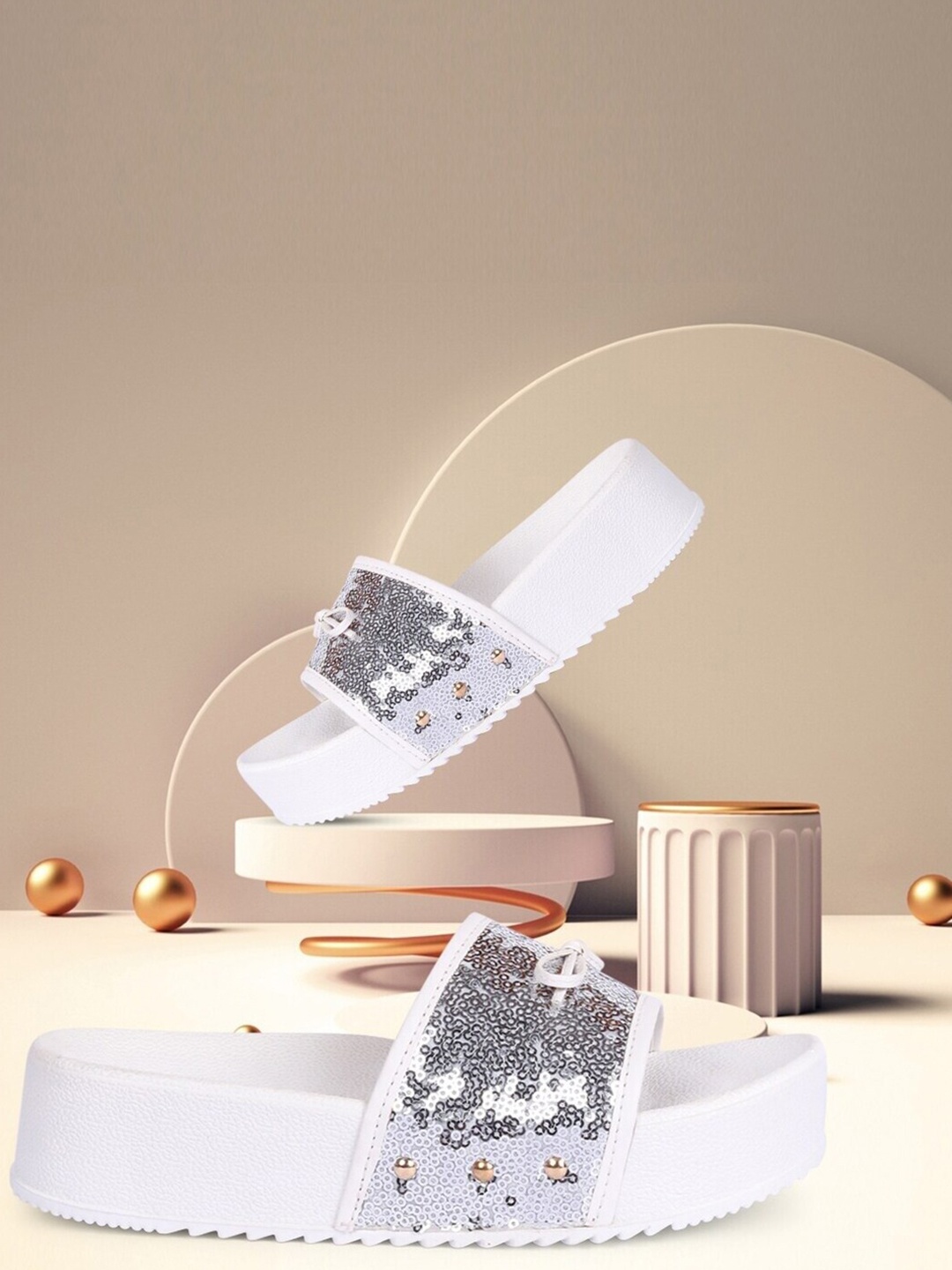 

Alishtezia Women White & Silver-Toned Embellished Sliders