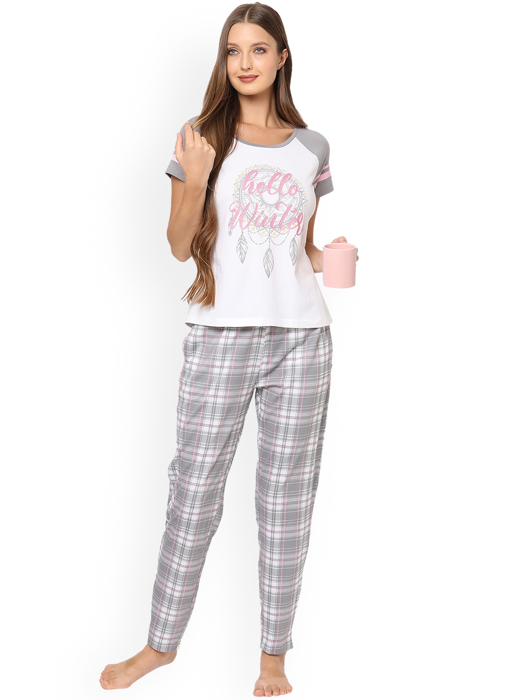 

MAYSIXTY Women Grey & Pink Printed Night suit