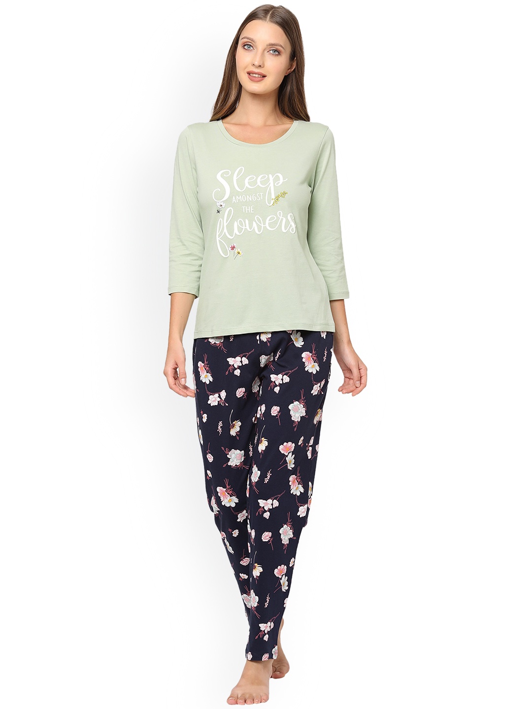 

MAYSIXTY Women Navy Blue & Green Printed Night suit