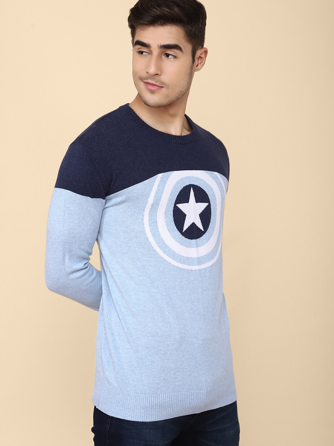 

Free Authority Men Blue & Navy Blue Colourblocked Captain America Pullover