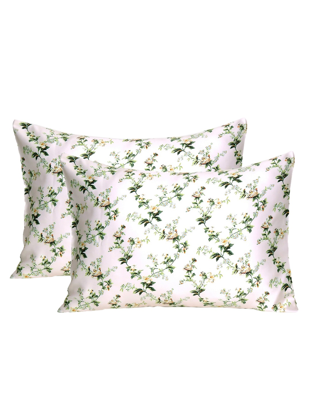 

OUSSUM Set of 2 White & Green Floral Printed Pillow Covers