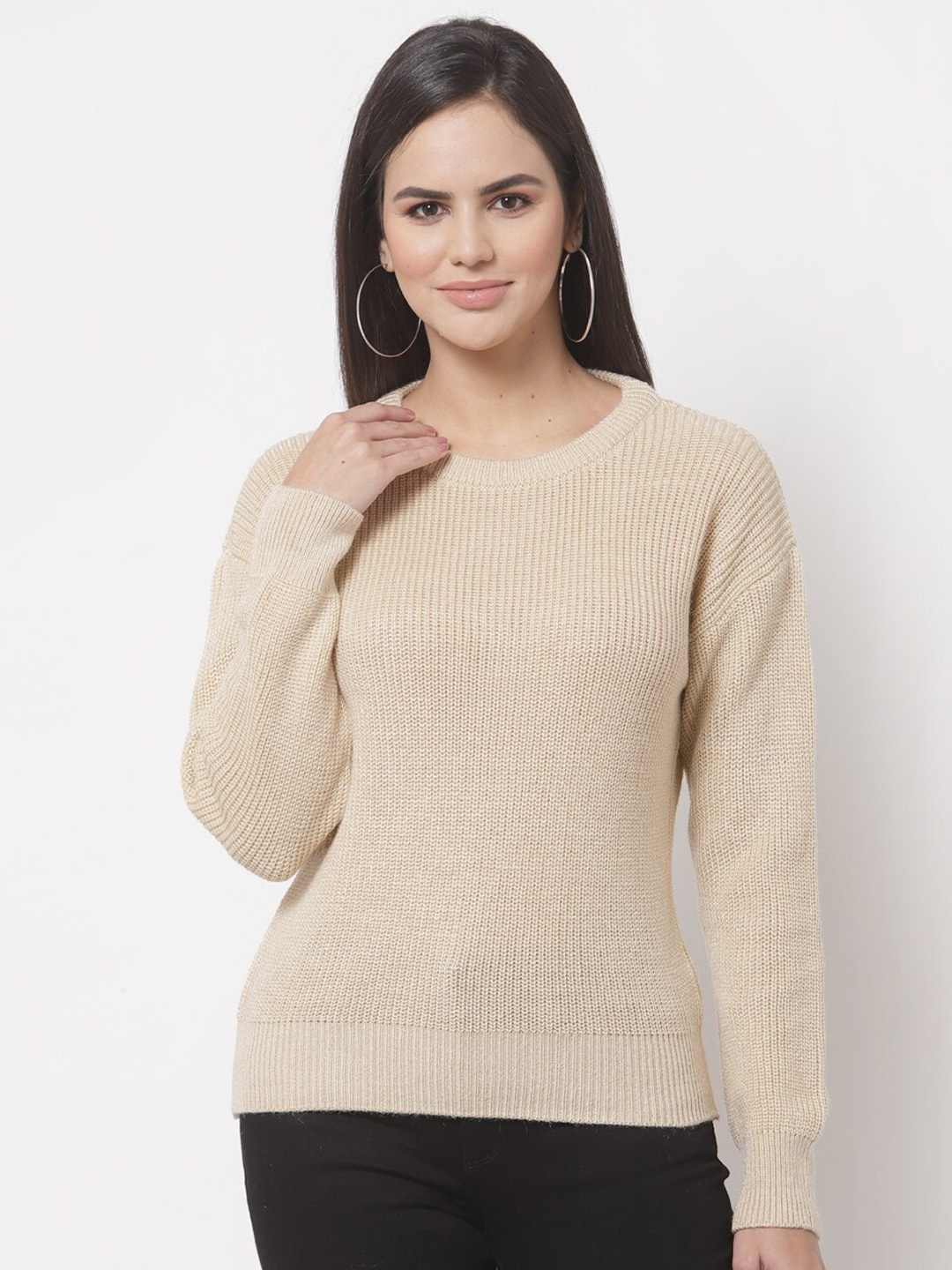 

Club York Women Beige Ribbed Pullover Sweater