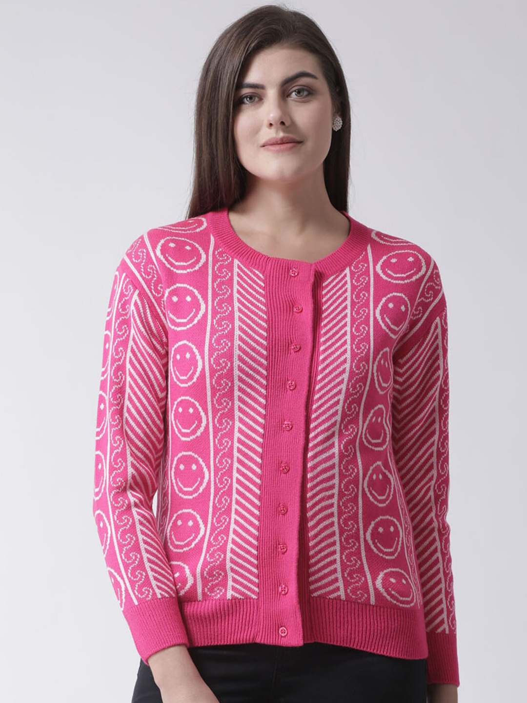 

Club York Women Pink & White Printed Front-Open Sweater