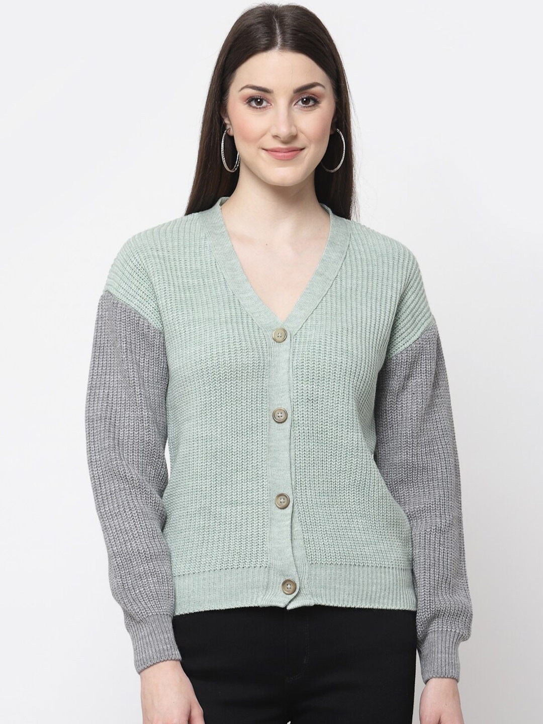 

Club York Women Green & Grey Colourblocked Ribbed Cardigan