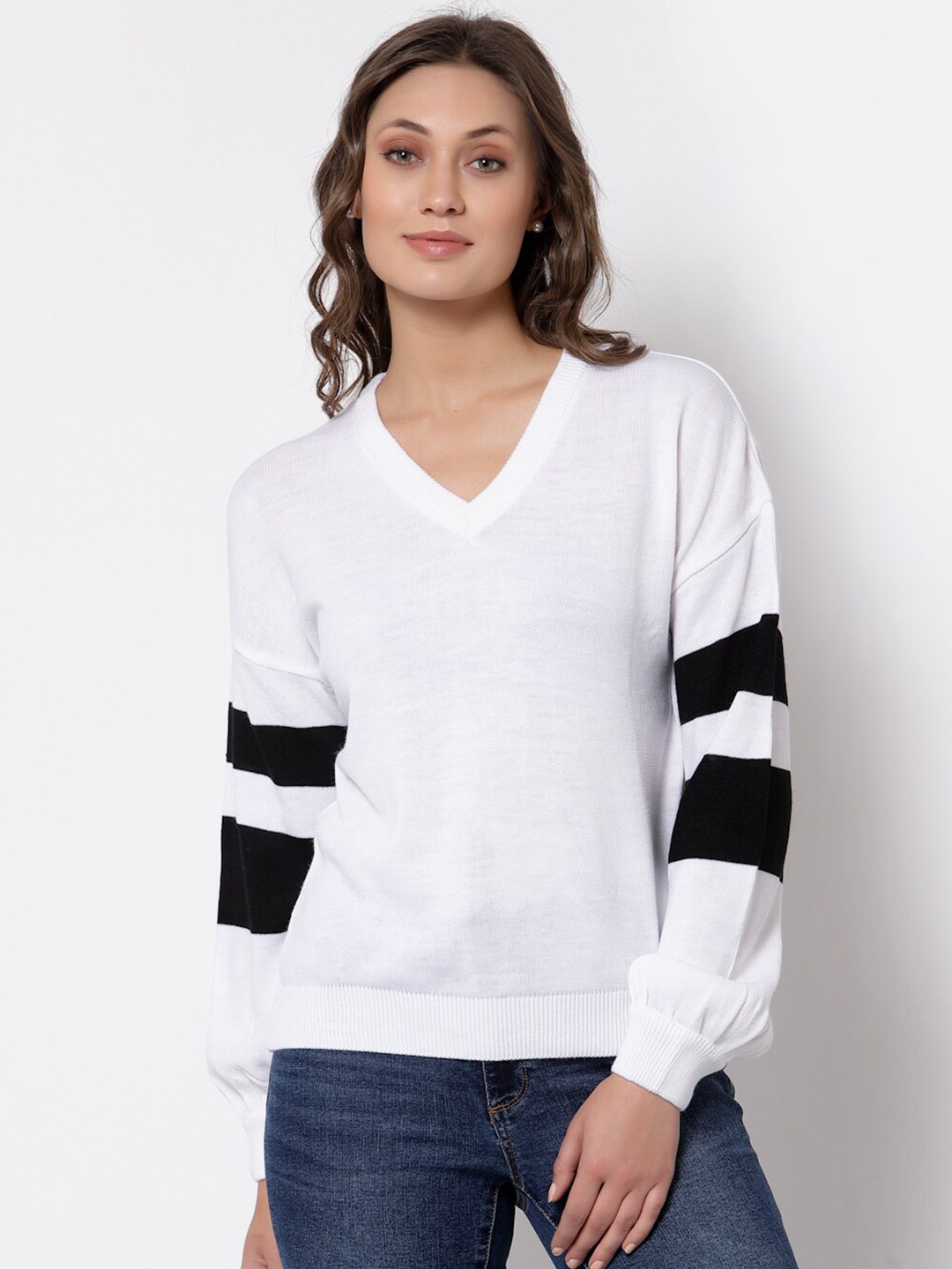 

Club York Women White & Black Striped Acrylic Printed Pullover