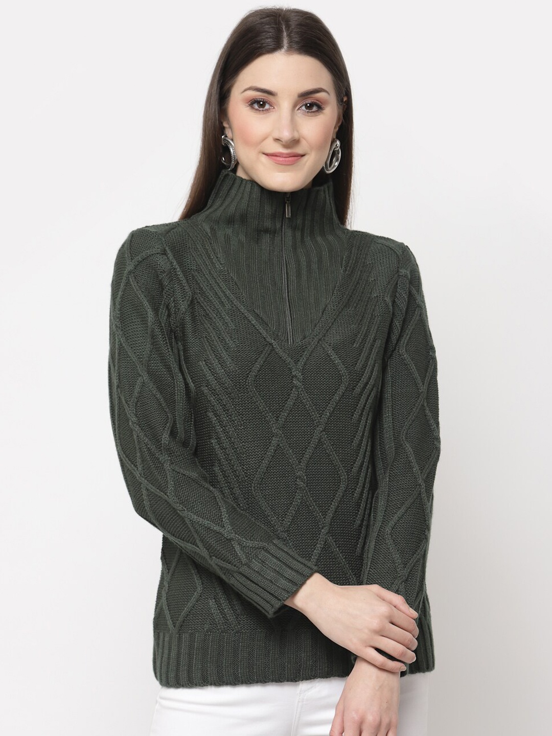 

Club York Women Olive Green Cable Knit Pullover