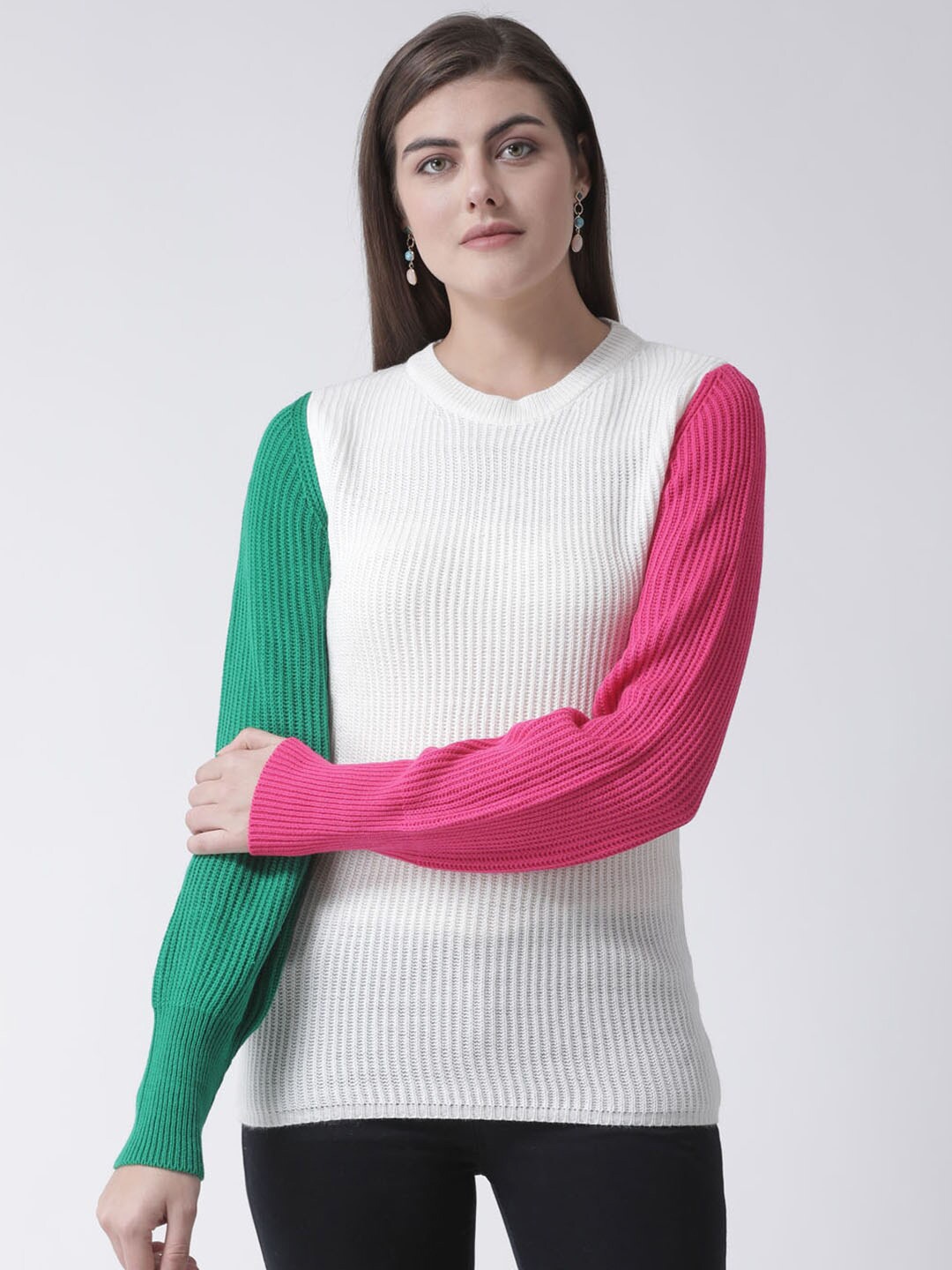 

Club York Women White Green Colourblocked Pullover Acrylic Sweater