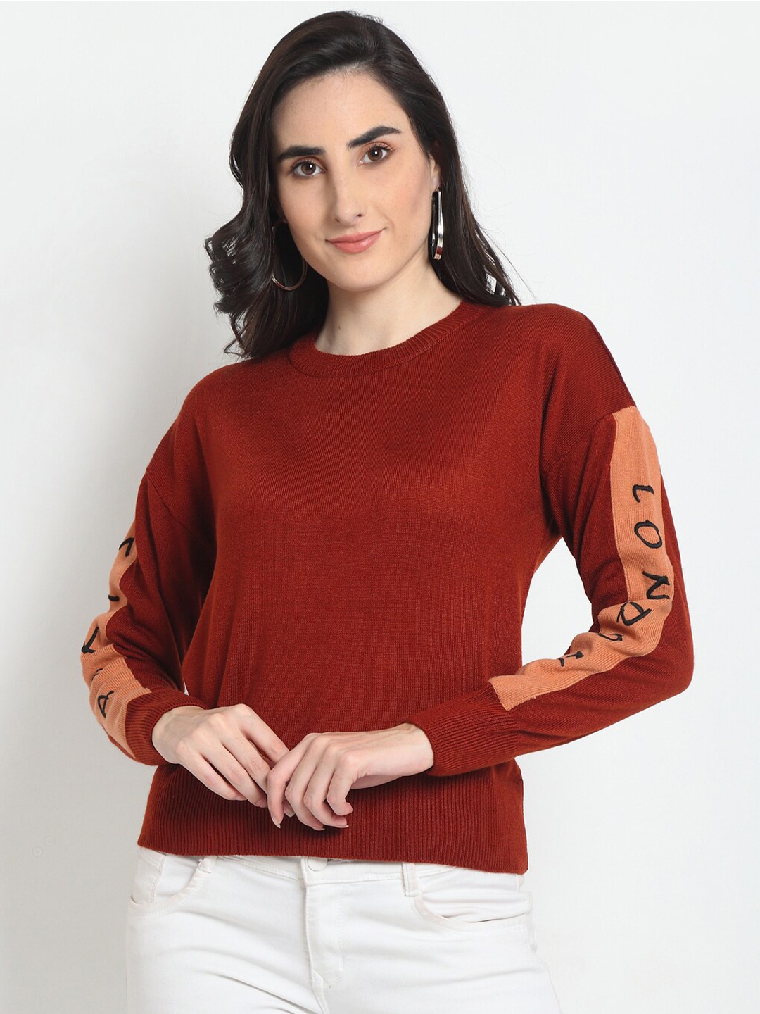 

Club York Women Maroon & Orange Printed Sleeves Pullover