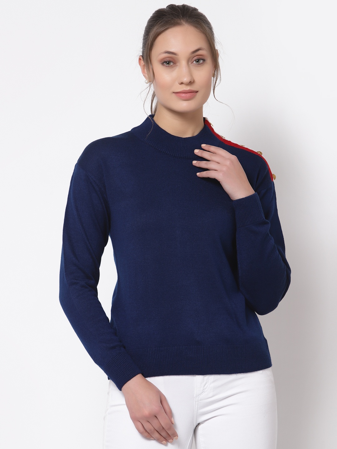 

Club York Women Navy Blue Solid Acrylic Pullover
