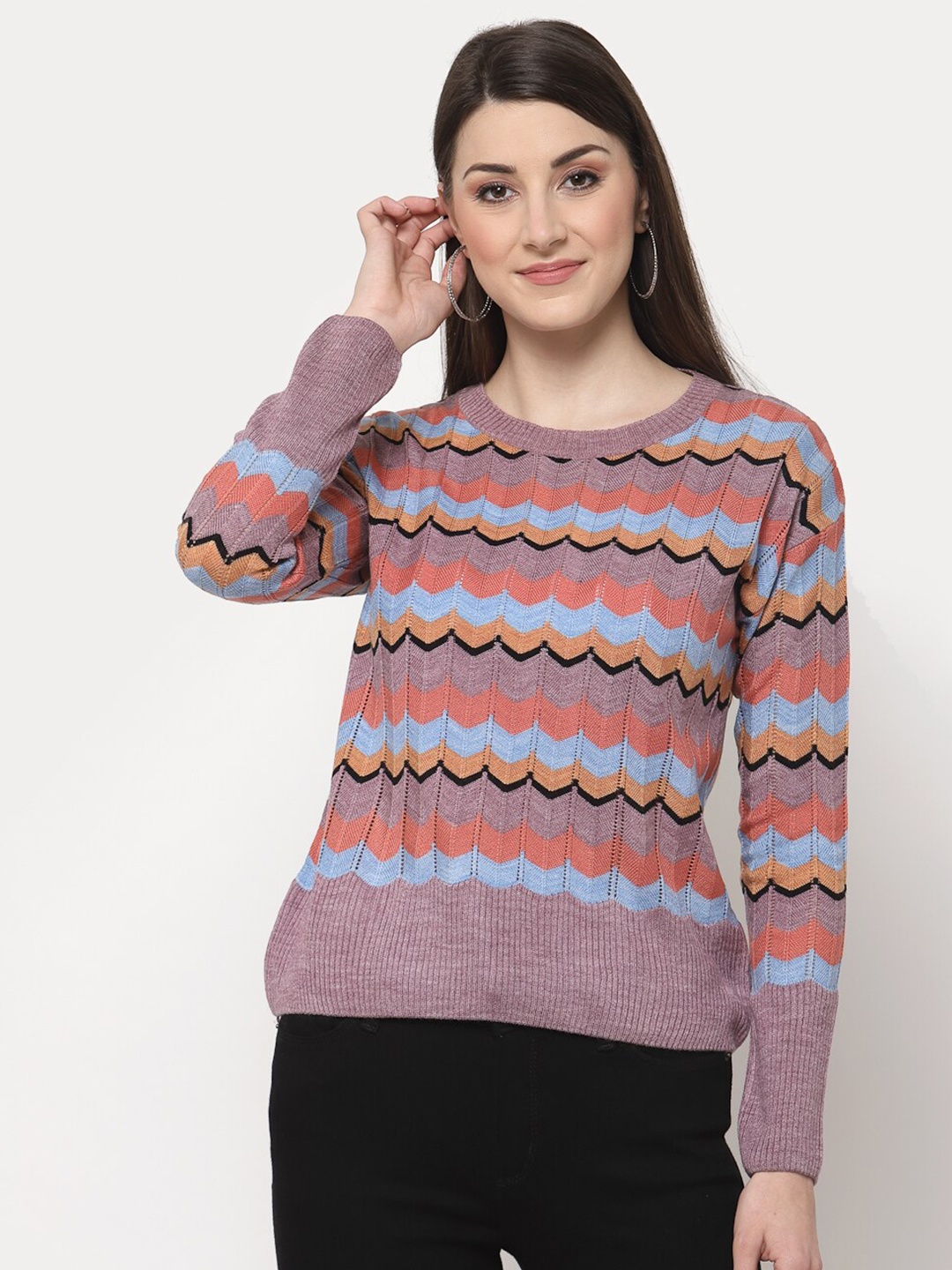 

Club York Women Pink & Blue Printed Round Neck Pullover