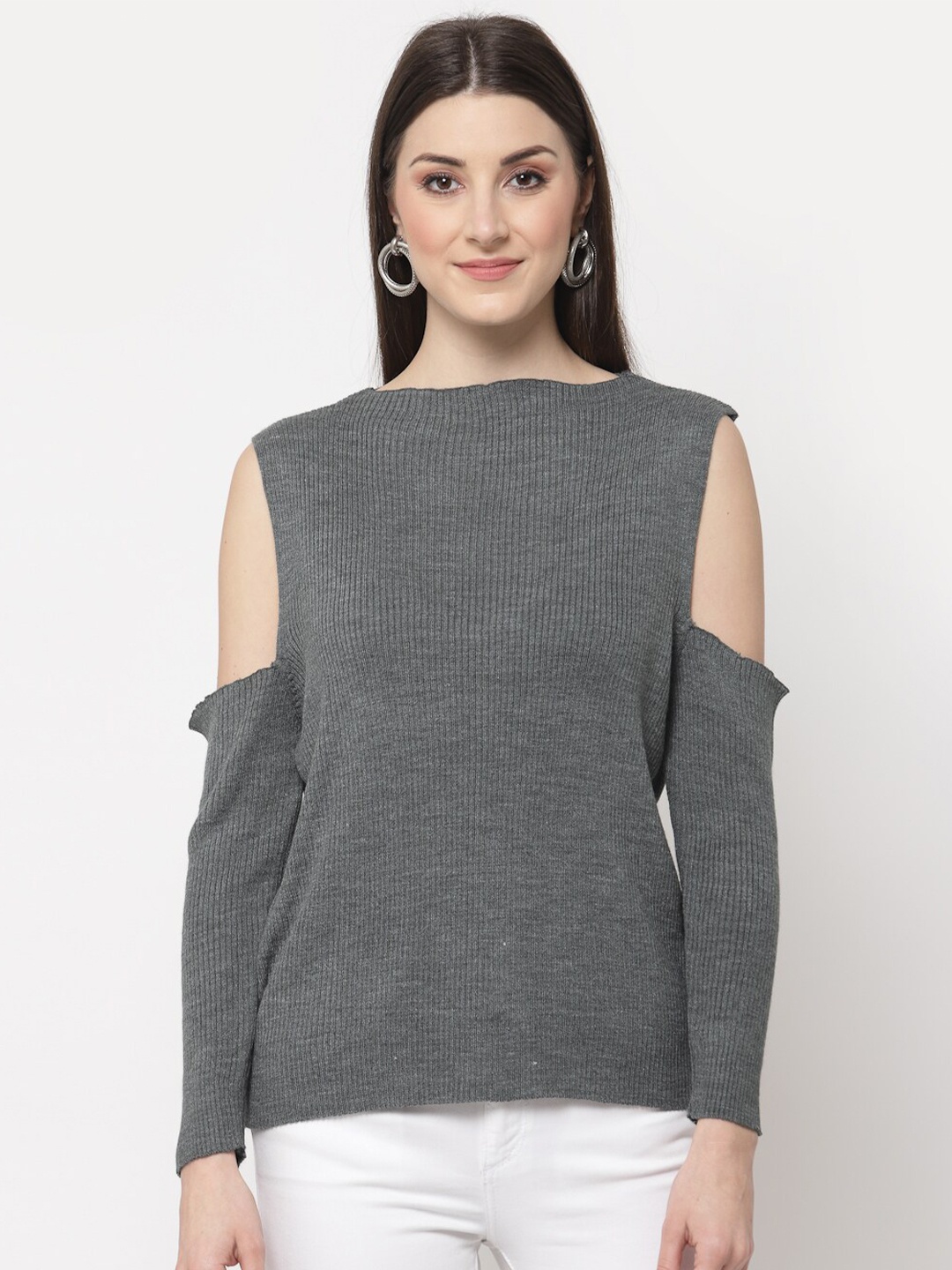 

Club York Women Grey Ribbed Cold Shoulder Sleeves Pullover