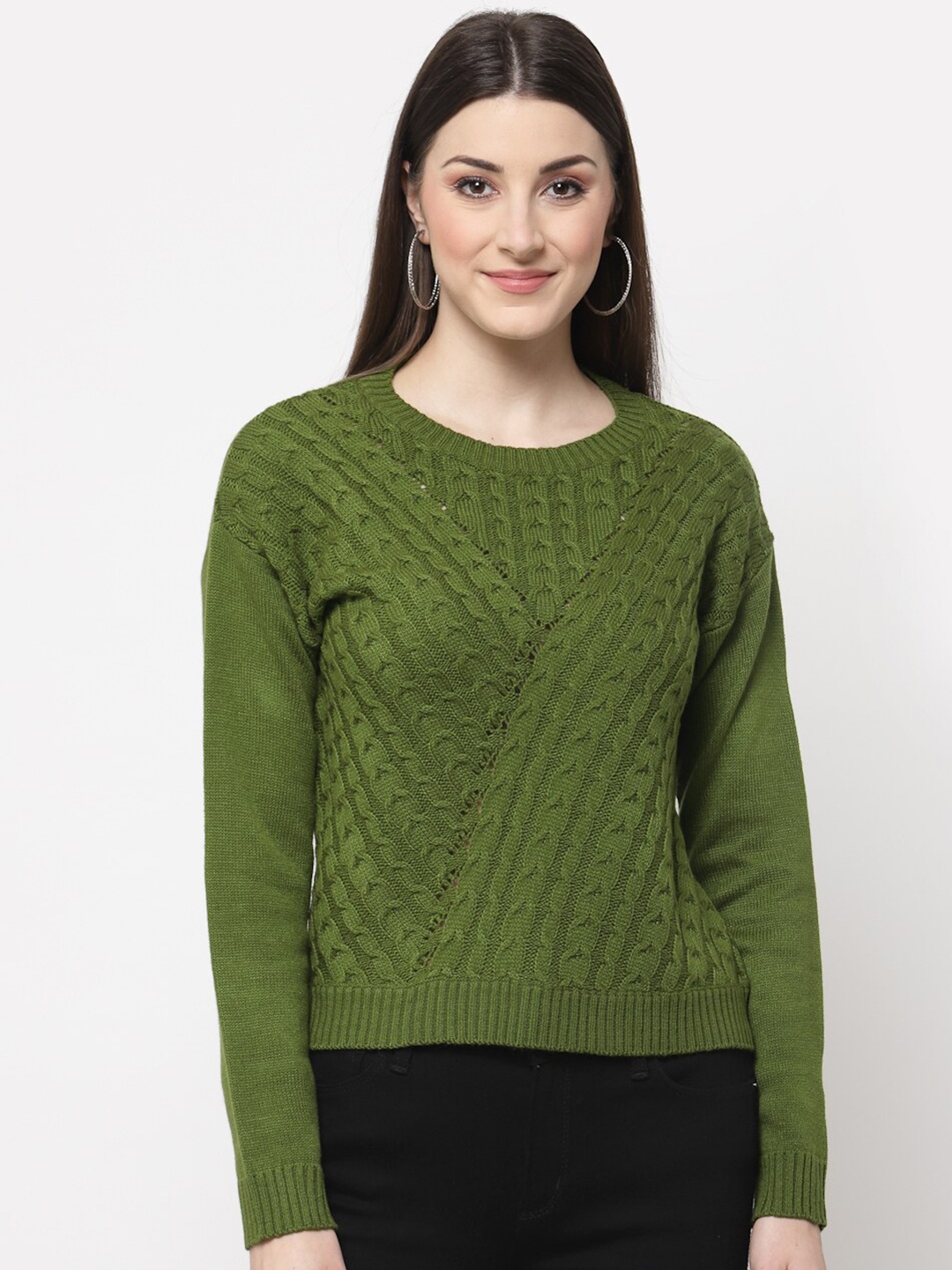 

Club York Women Olive Green Cable Knit Pullover