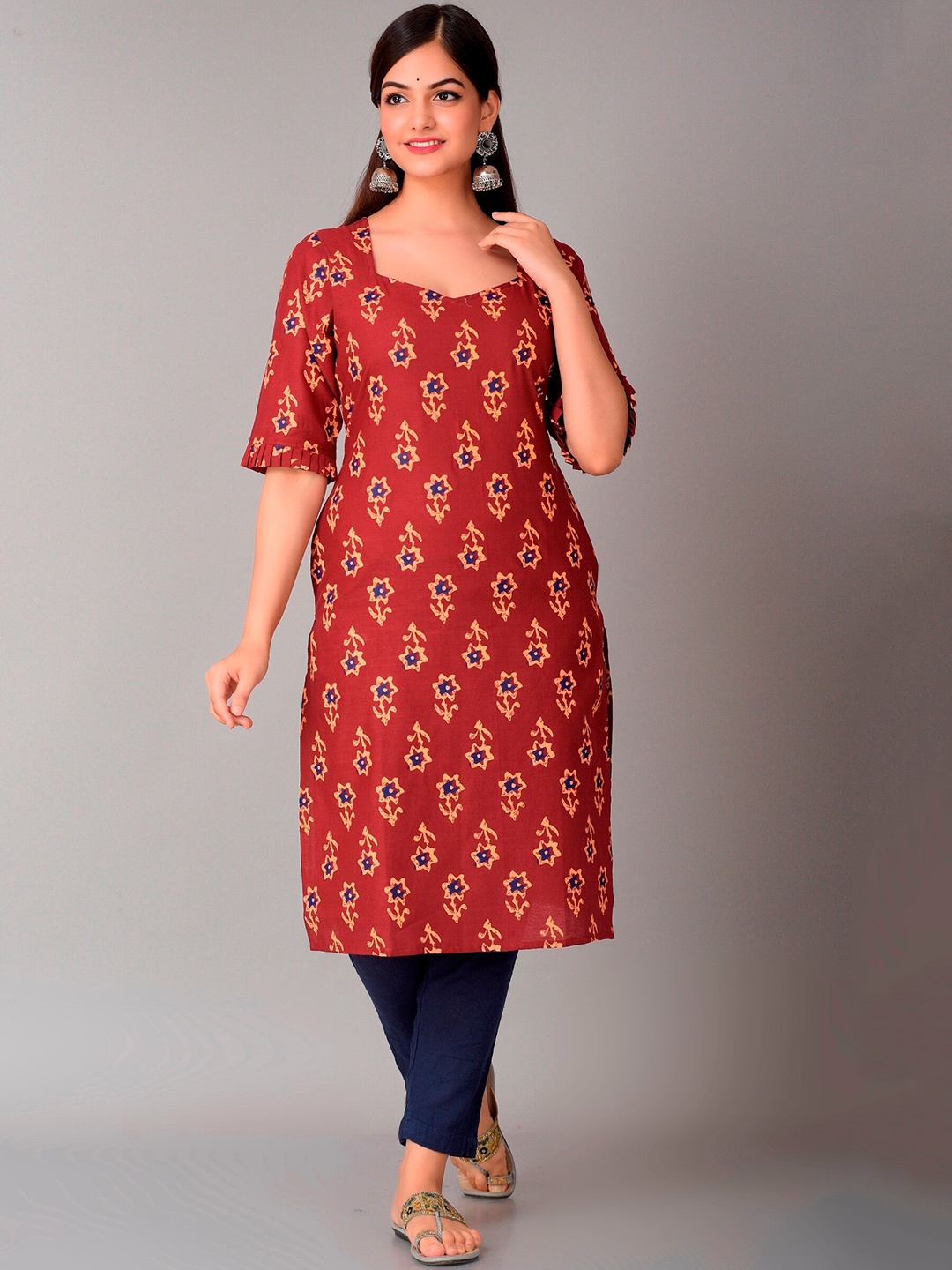 

METRO-FASHION Women Maroon Floral Printed Block Print Kurta