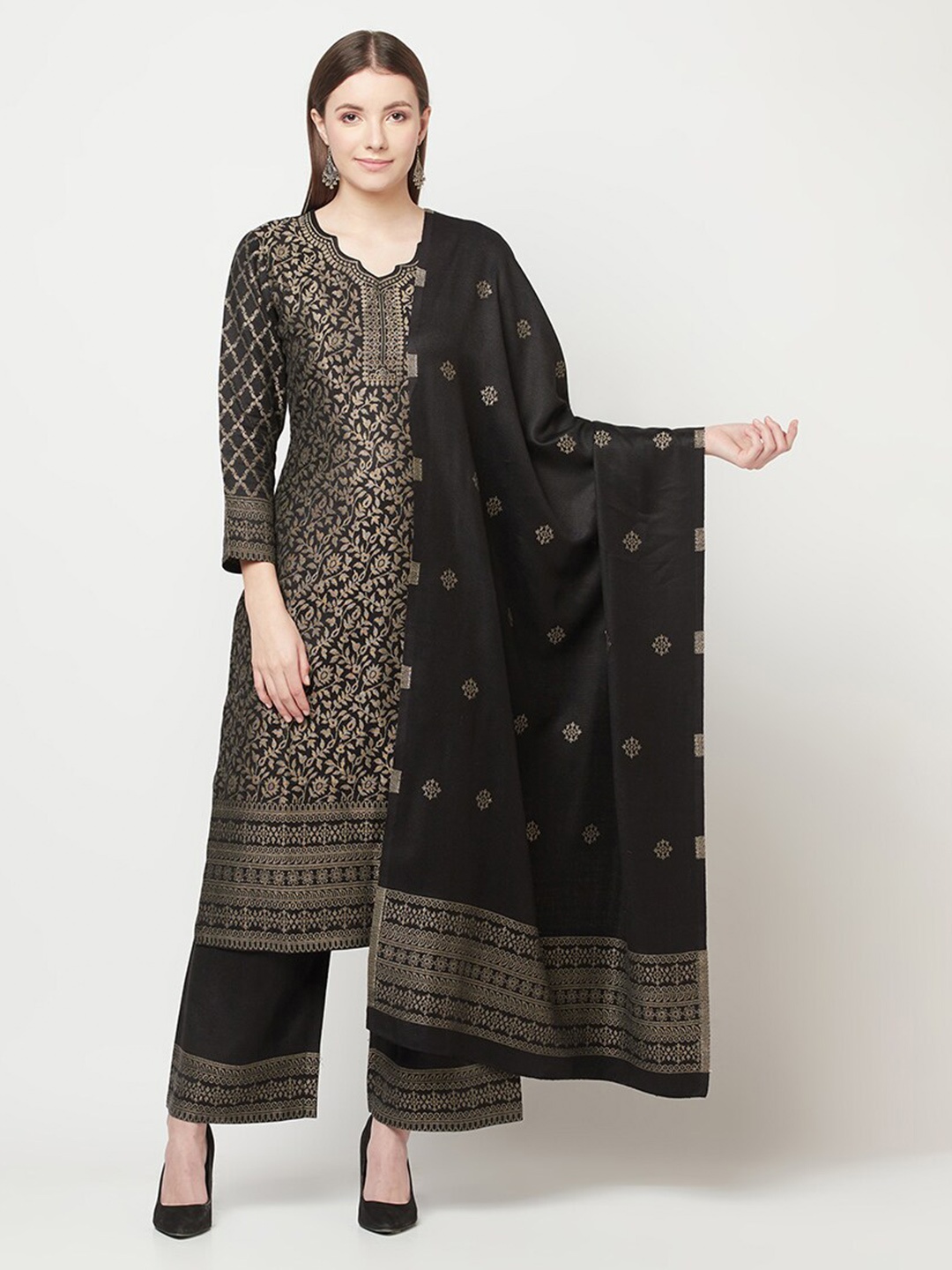 

Safaa Black & Gold-Toned Printed Viscose Rayon Unstitched Dress Material