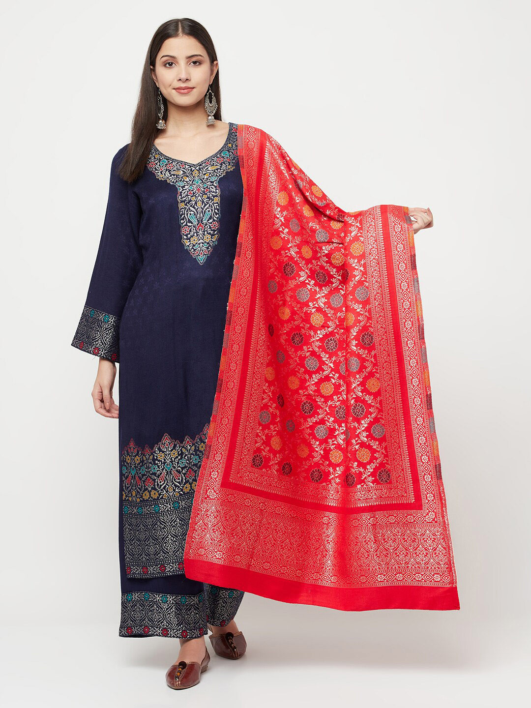 

Safaa Navy Blue & Red Viscose Rayon Unstitched Dress Material