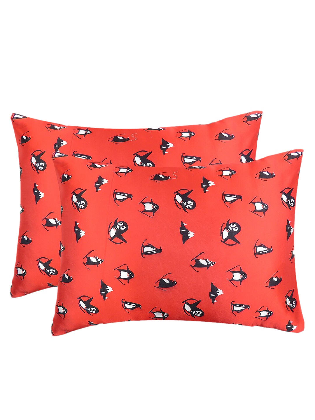 

OUSSUM Set Of 2 Red Printed Satin Pillow Covers