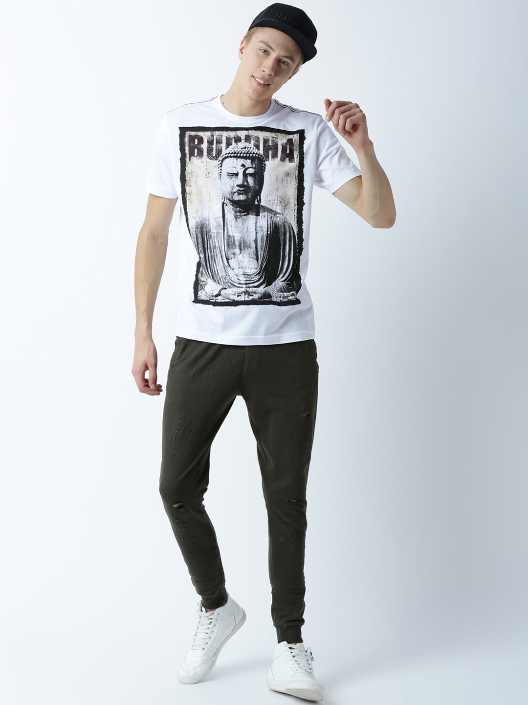 

Huetrap Men White Buddha Print Round Neck T-Shirt