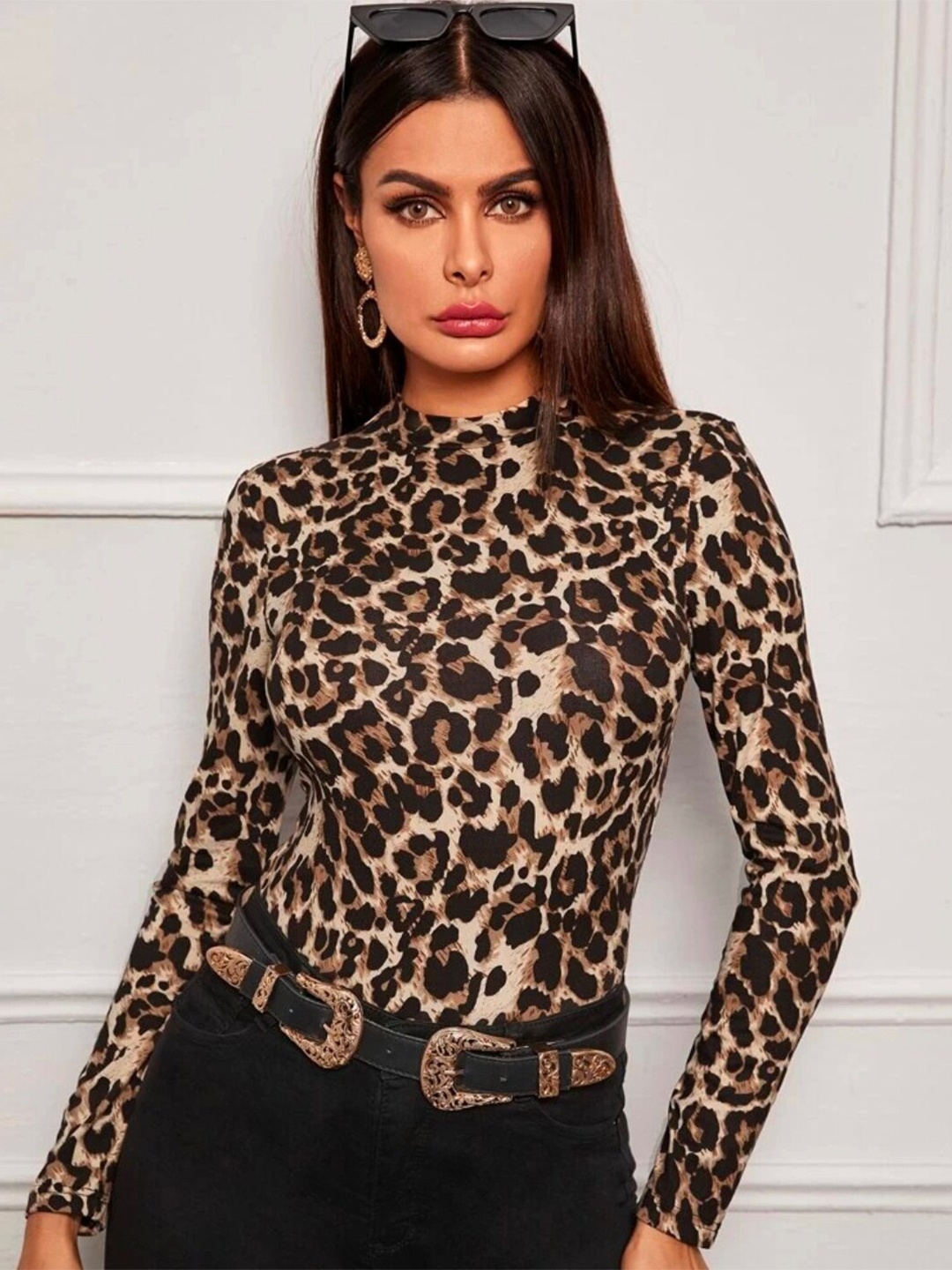 

Dream Beauty Fashion Women Black & Beige Animal Print Top