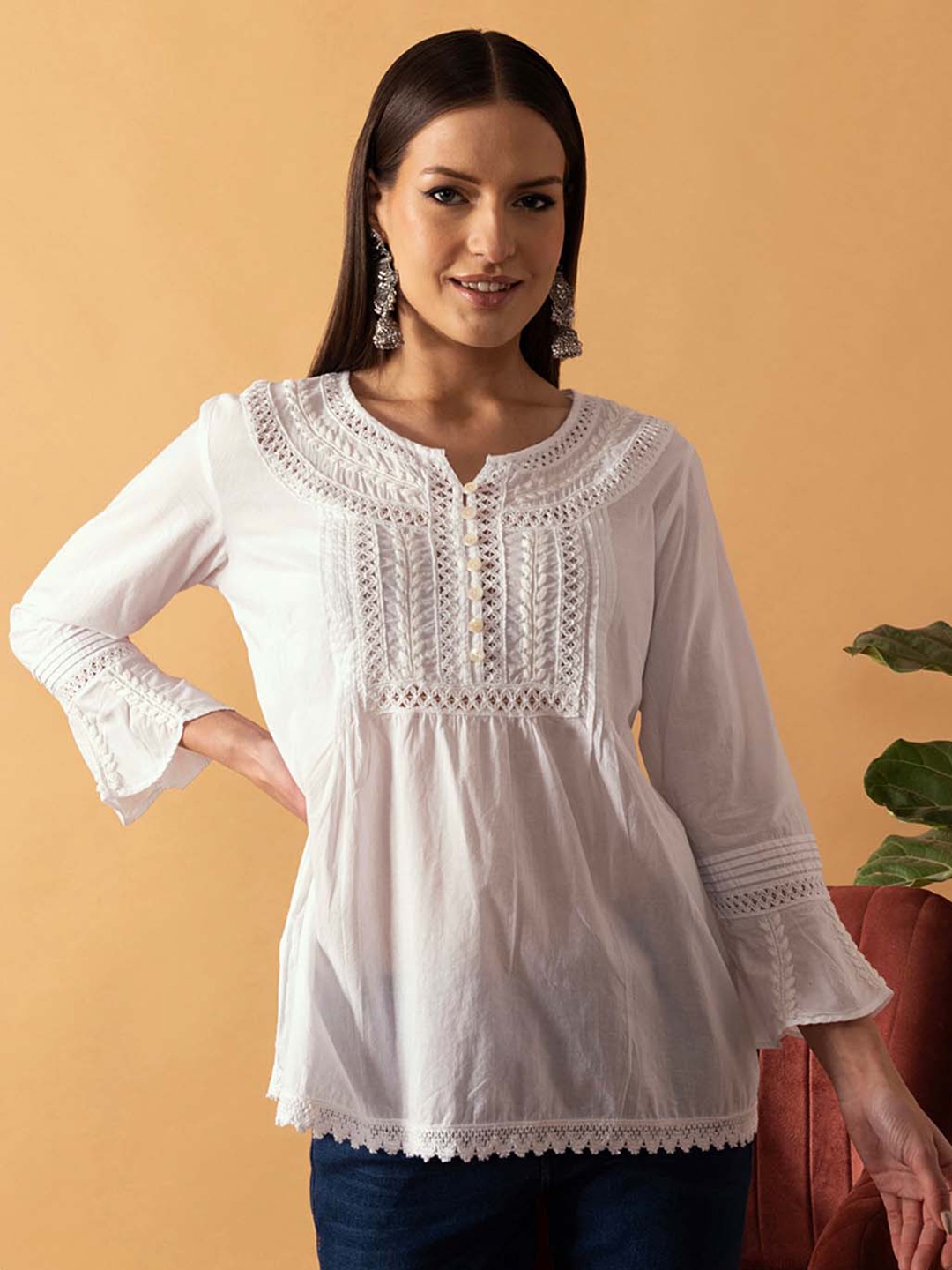 

ADA Plus Size White & White Ethnic Motifs Embroidered Chikankari Pleated Kurti