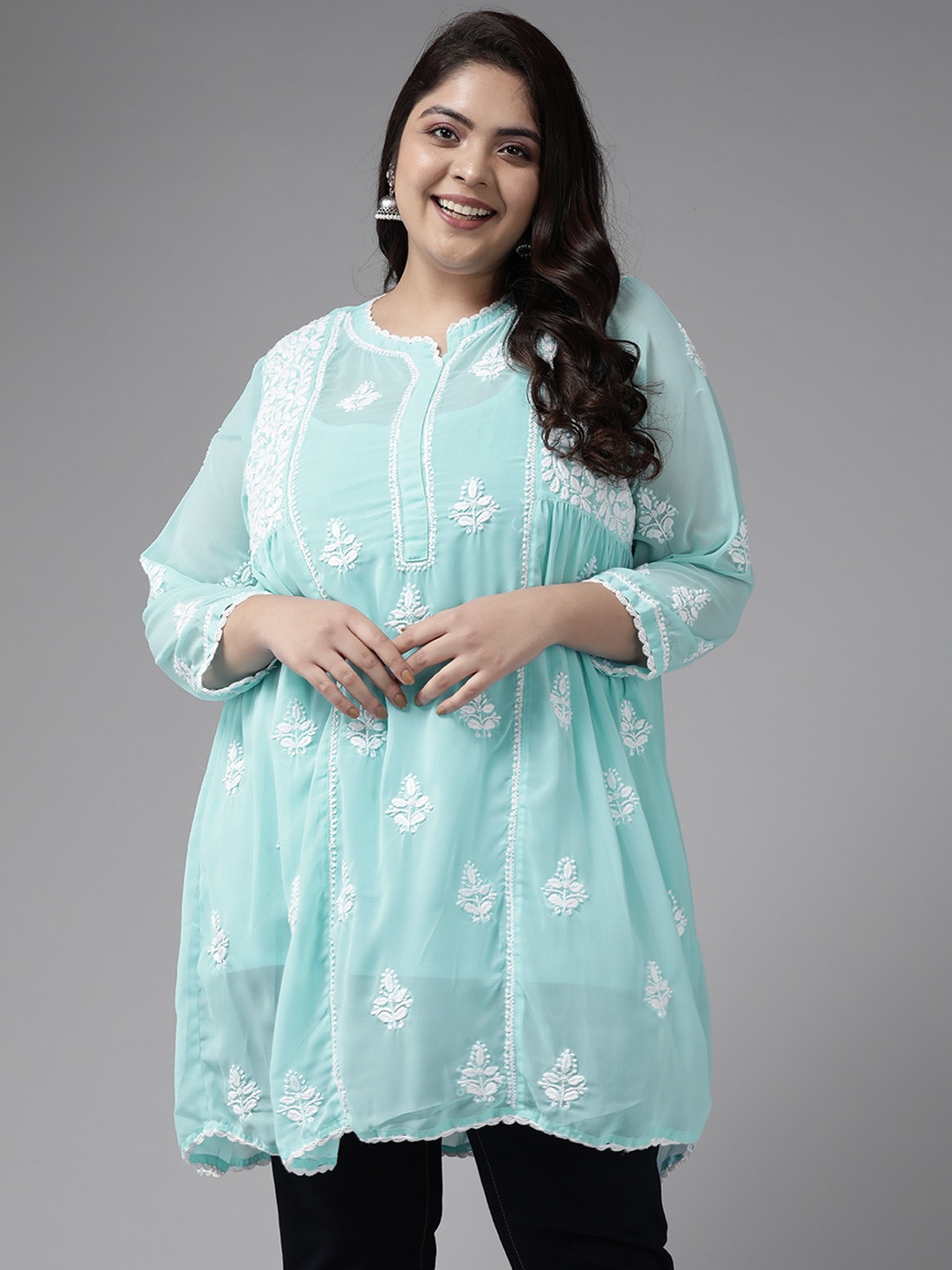 

ADA Plus Size Blue Embroidered Chikankari Poly Georgette Kurti With Slip