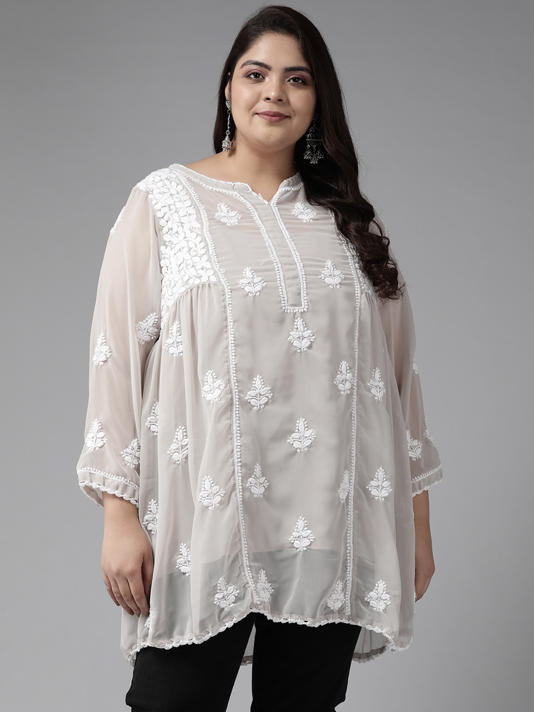 

ADA Plus Size Light Grey Floral Embroidered Chikankari Poly Georgette Kurti With Slip