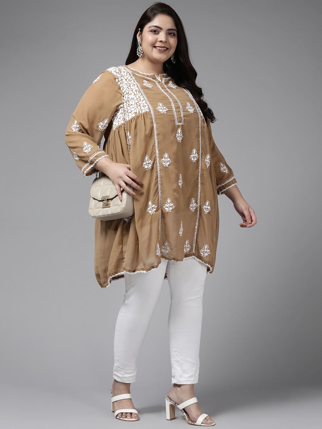 

ADA Plus Size Beige Floral Embroidered Chikankari Poly Georgette Kurti With Slip