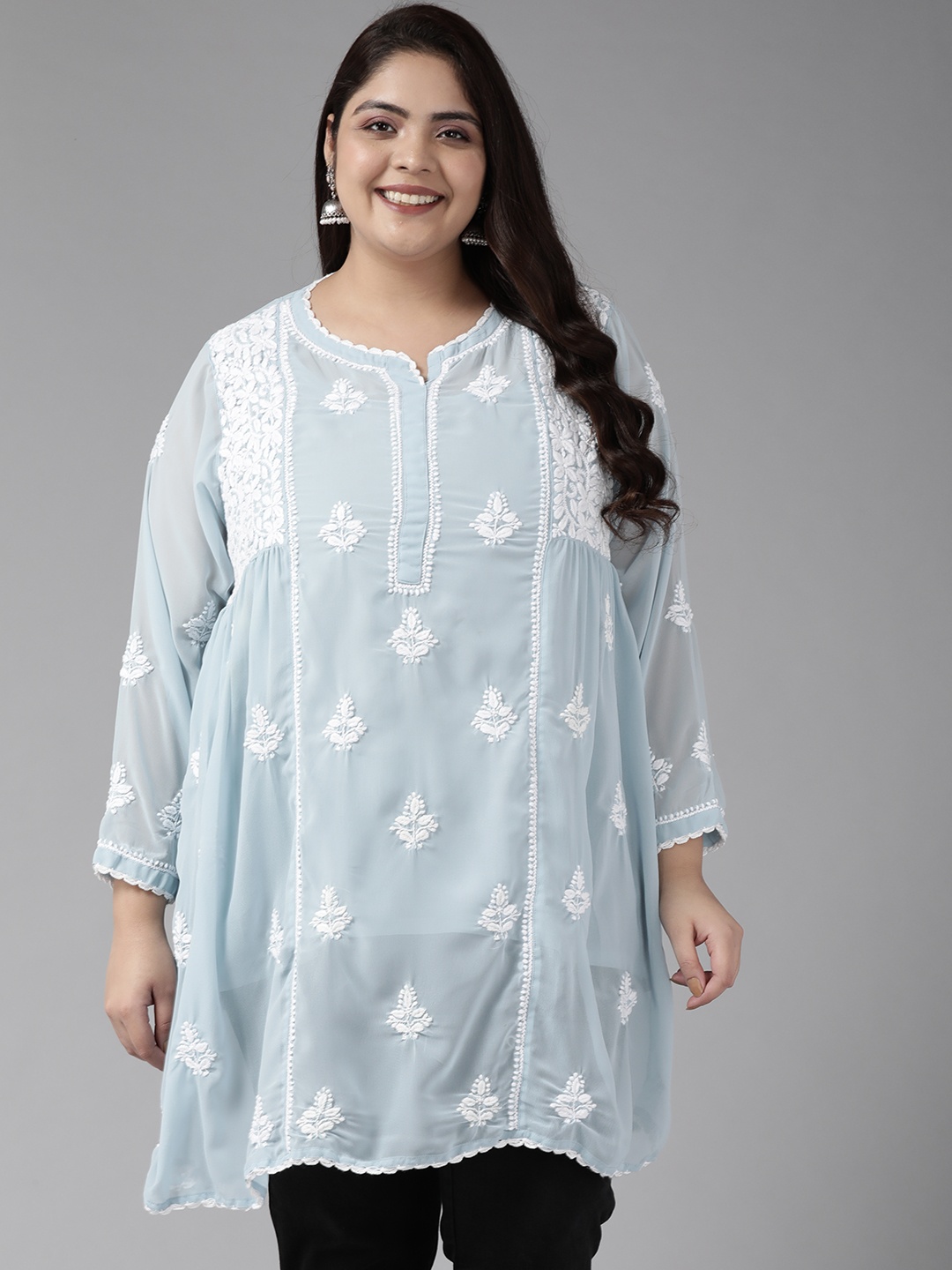 

ADA Plus Size Light Blue Floral Embroidered Chikankari Poly Georgette Kurti With Slip