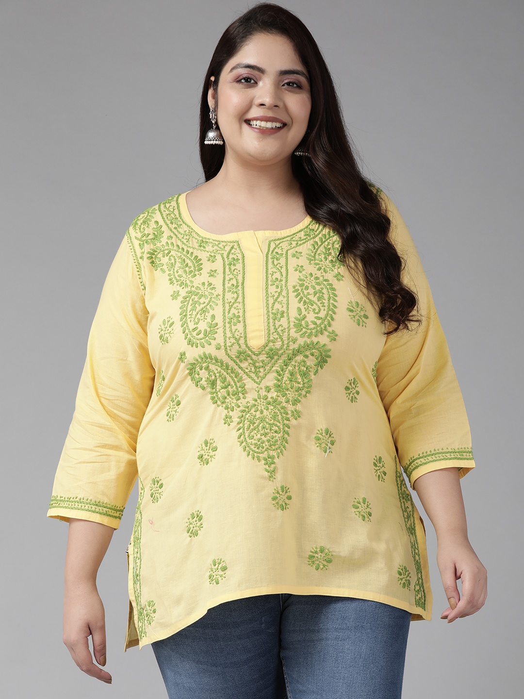 

ADA Plus Size Yellow & Green Ethnic Motifs Embroidered Chikankari Handloom Kurti