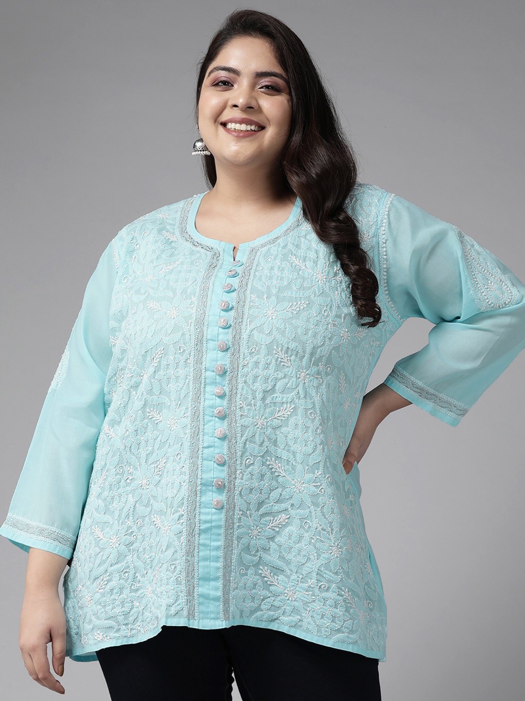 

ADA Plus Size Blue Floral Embroidered Chikankari Handloom Kurti With Zari Work