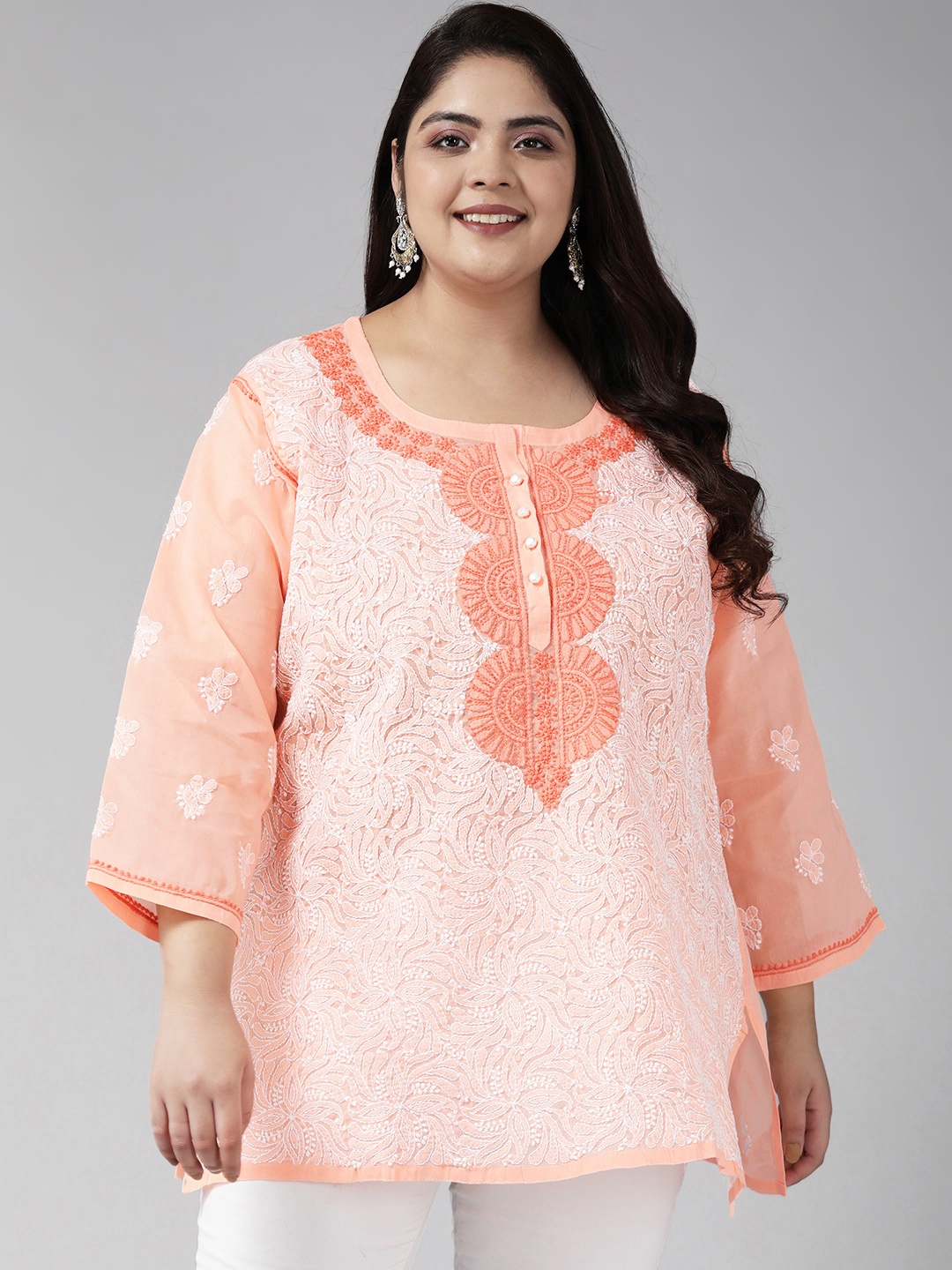 

ADA Plus Size Peach Ethnic Motifs Embroidered Chikankari Cotton Kurti