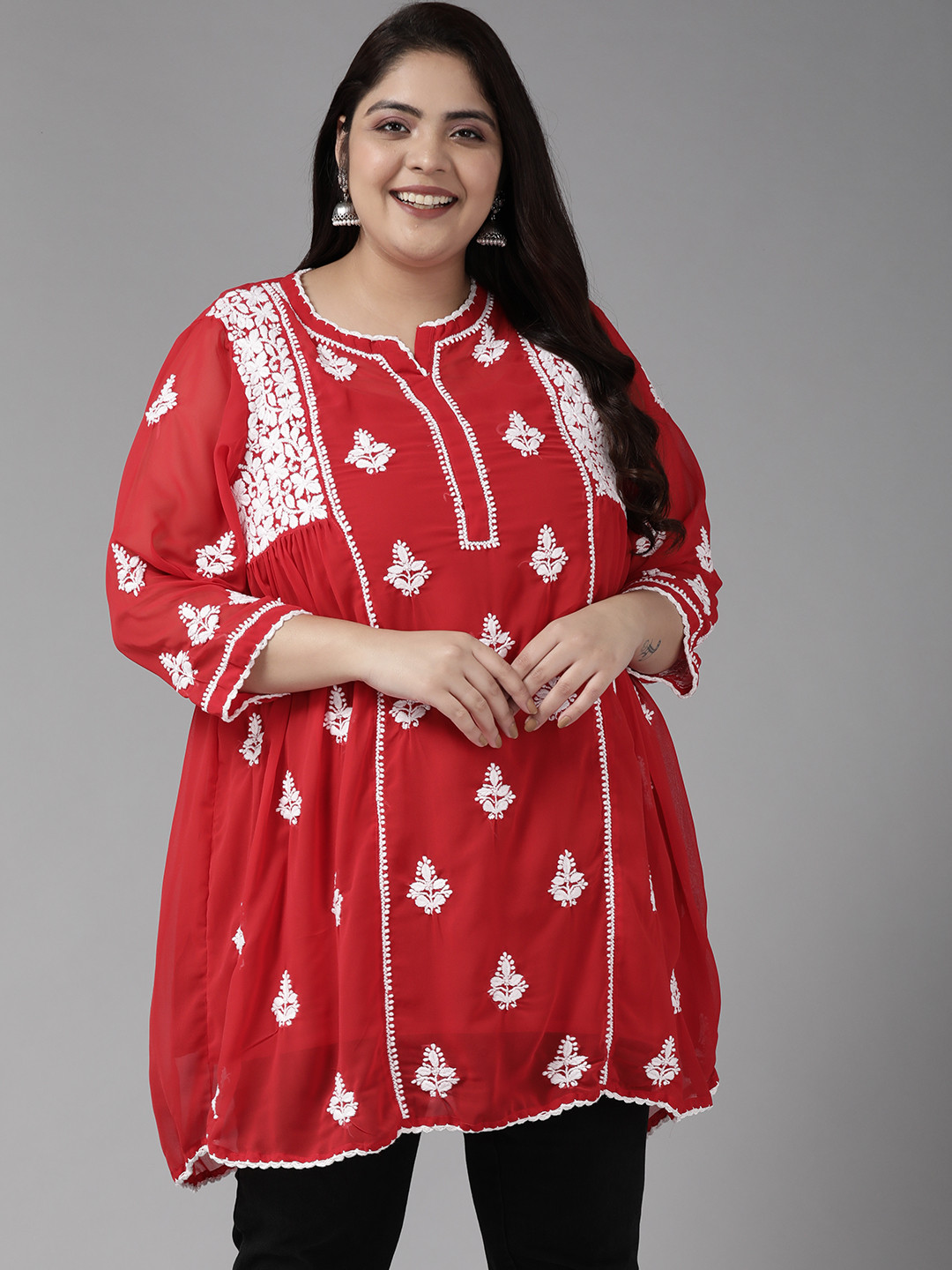 

ADA Plus Size Red Ethnic Motifs Embroidered Chikankari Panelled Kurti With Slip