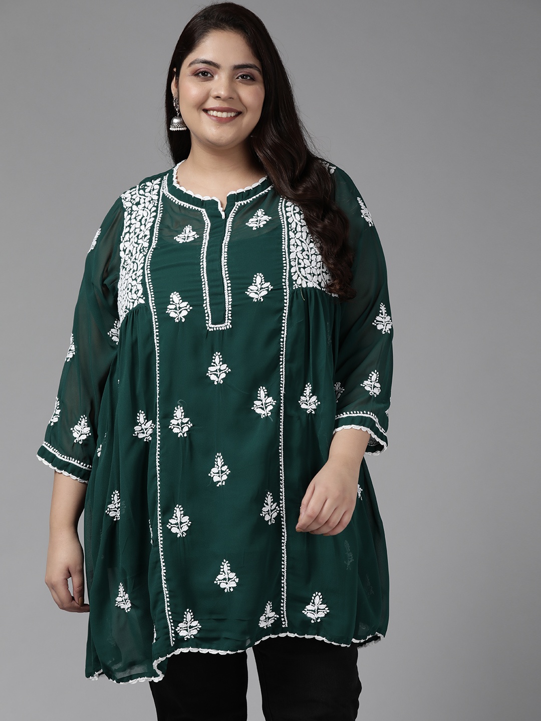 

ADA Plus Size Green Embroidered Chikankari Poly Georgette Kurti With Slip