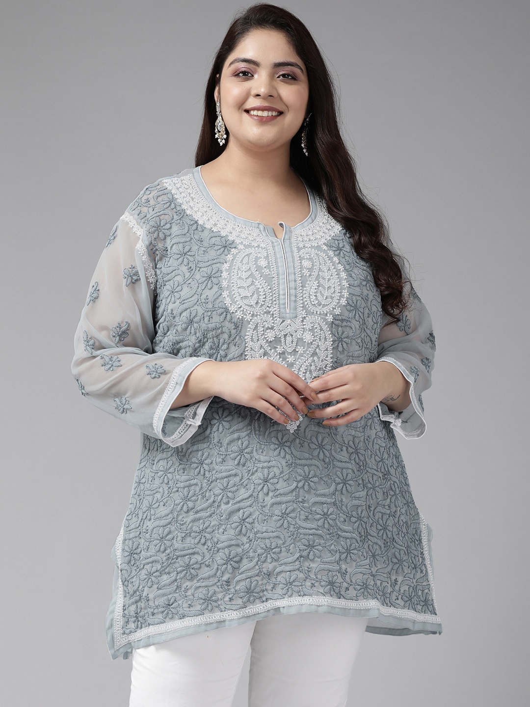 

ADA Plus Size Grey Ethnic Motifs Embroidered Chikankari Kurti With Slip