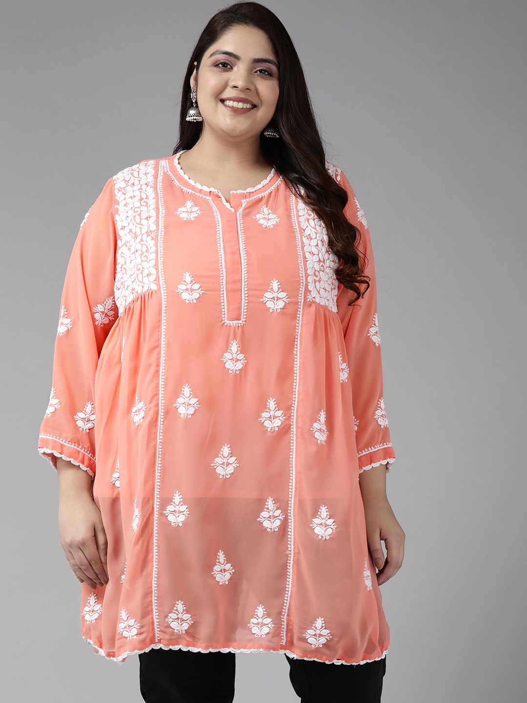 

ADA Plus Size Peach Ethnic Motifs Embroidered Chikankari Poly Georgette Kurti With Slip