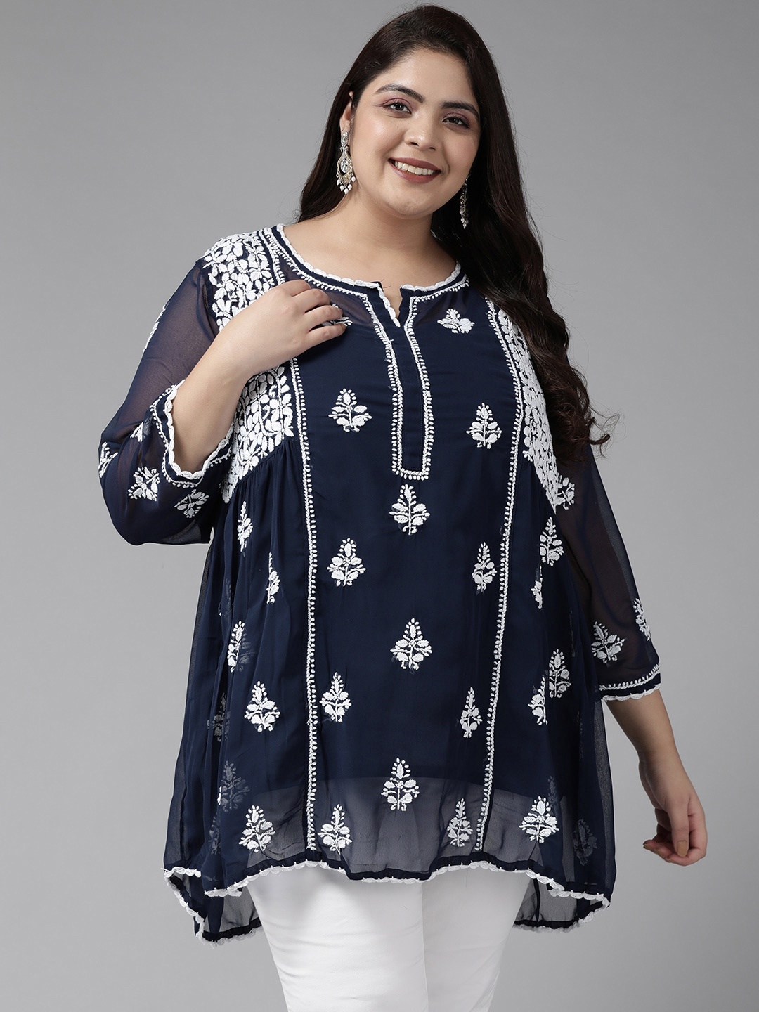 

ADA Plus Size Navy Blue Ethnic Motifs Embroidered Chikankari Kurti With Slip