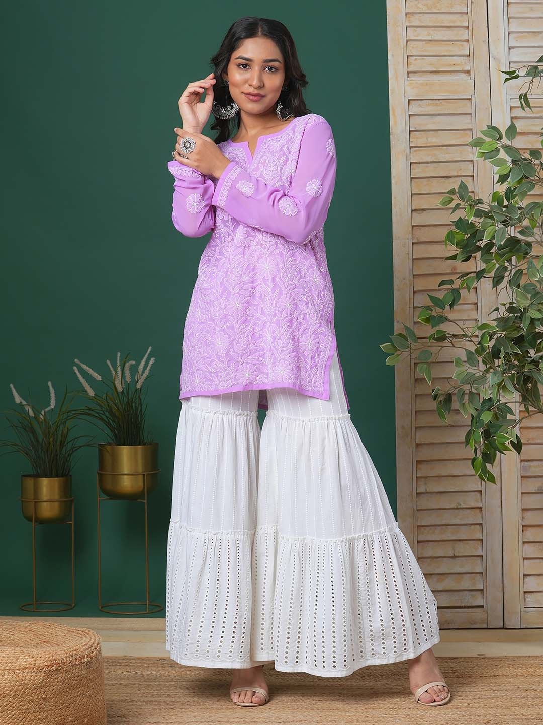 

ADA Plus Size Lavender Floral Embroidered Chikankari Kurti