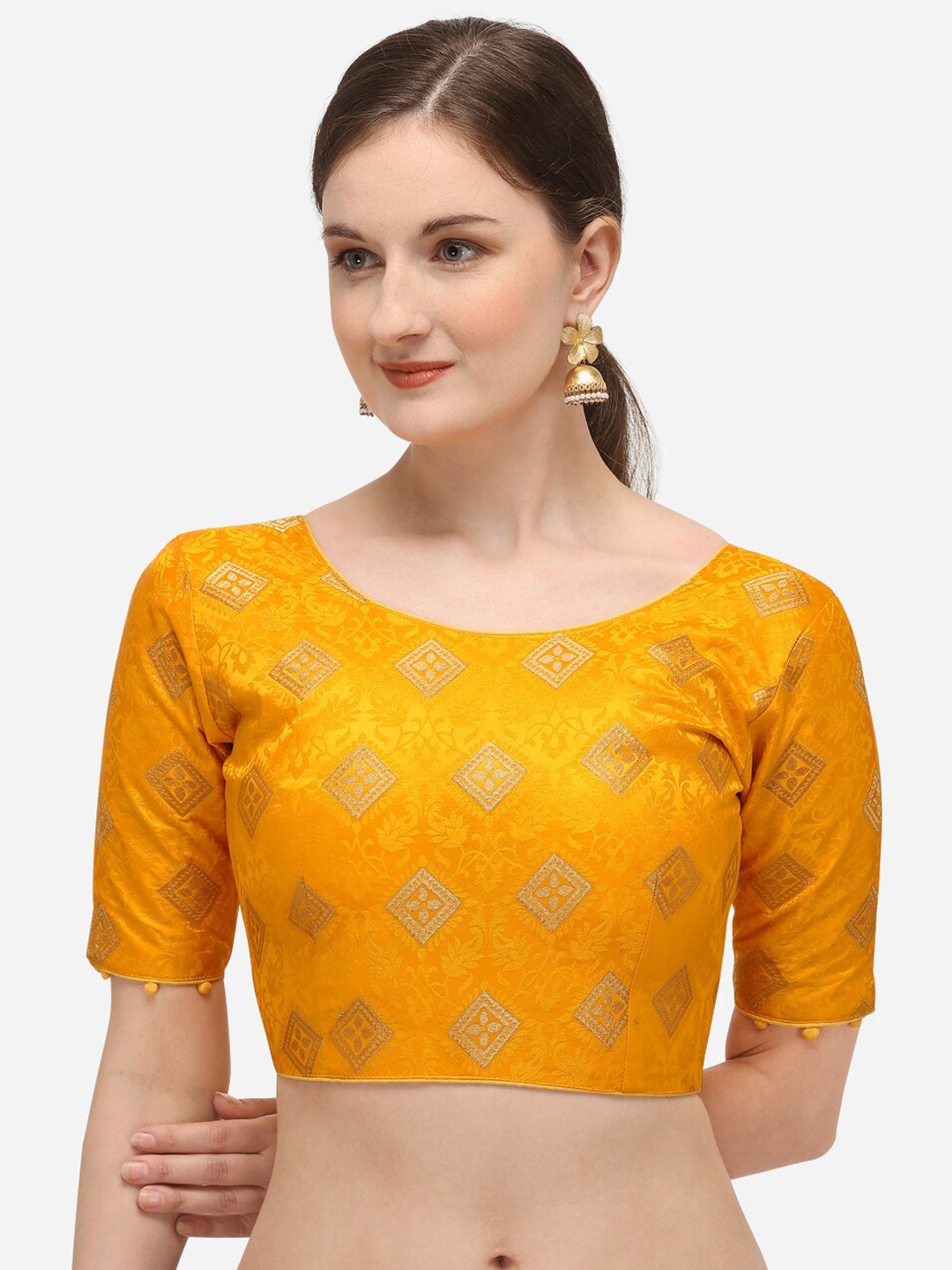 

Amrutam Fab Women Yellow Jacquard Readymade Saree Blouse