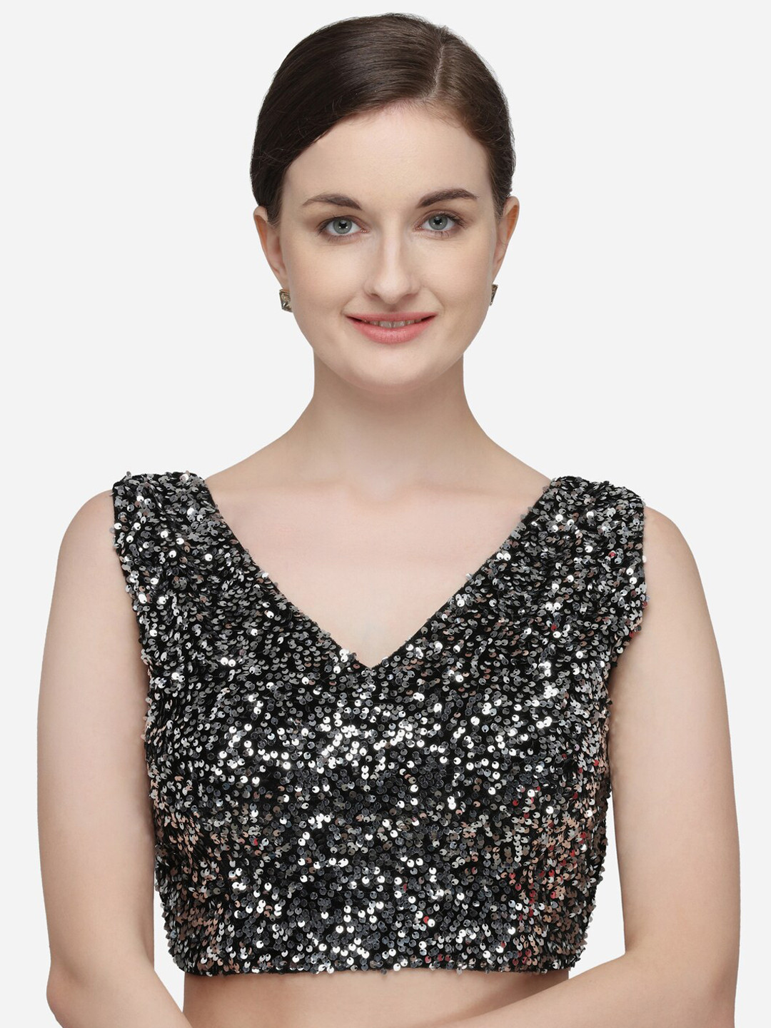 

Amrutam Fab Women Silver-Colored Embellished Velvet Readymade Saree Blouse