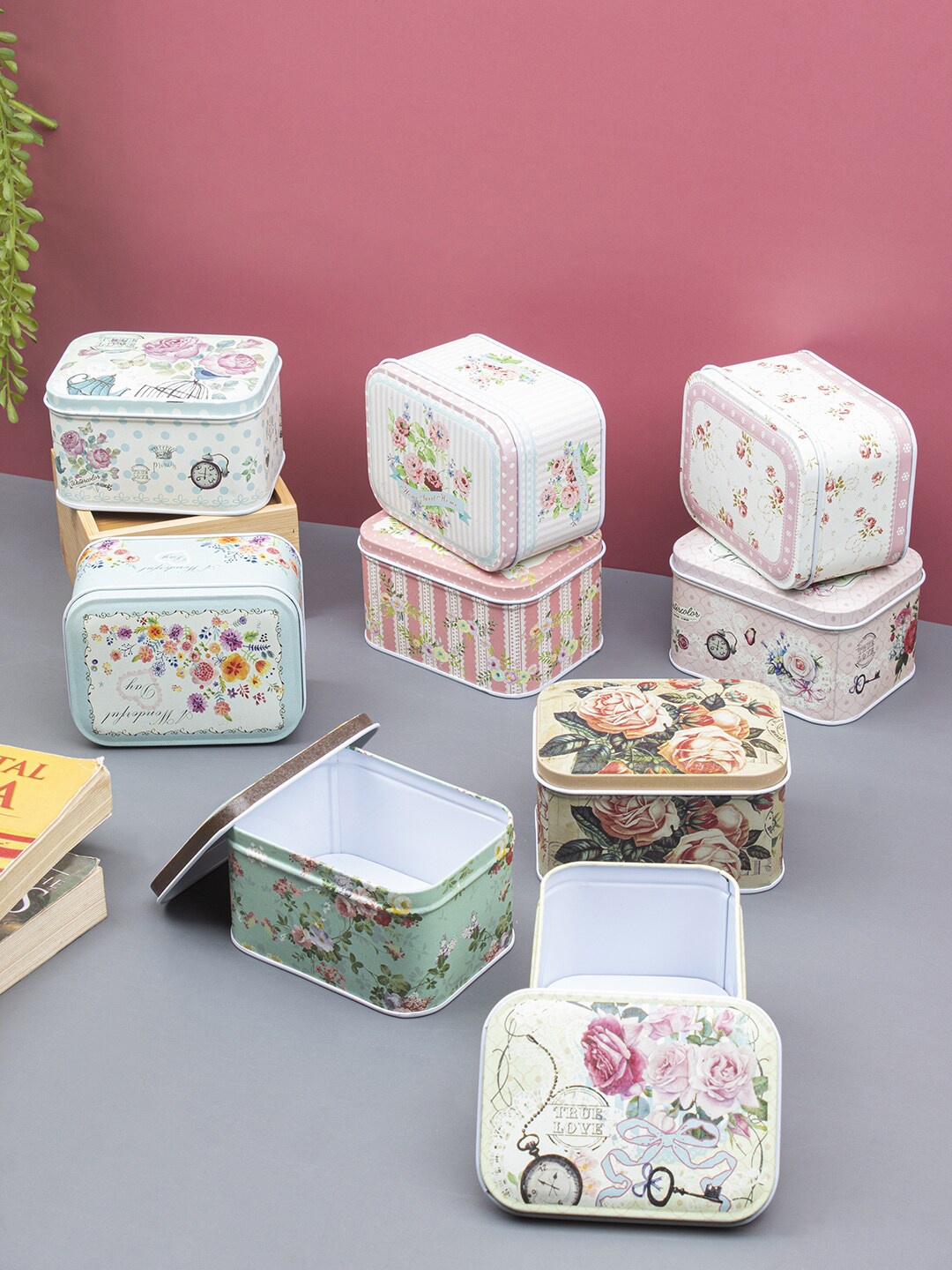 

MARKET99 Set of 2 Multi Printed Stainless Steel Tin Storage Box, White