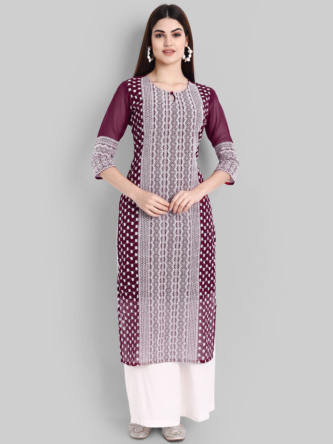 

KALINI Women Purple Ethnic Motifs Embroidered Keyhole Neck Thread Work Floral Georgette Kurta