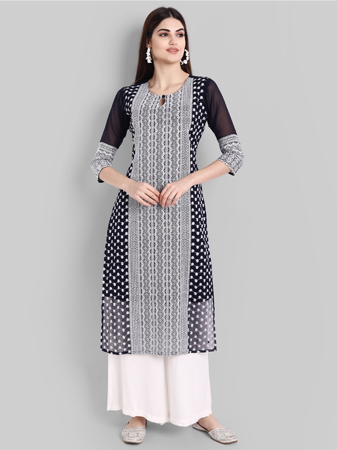 

KALINI Women Navy Blue & White Embroidered Keyhole Neck Georgette Kurta