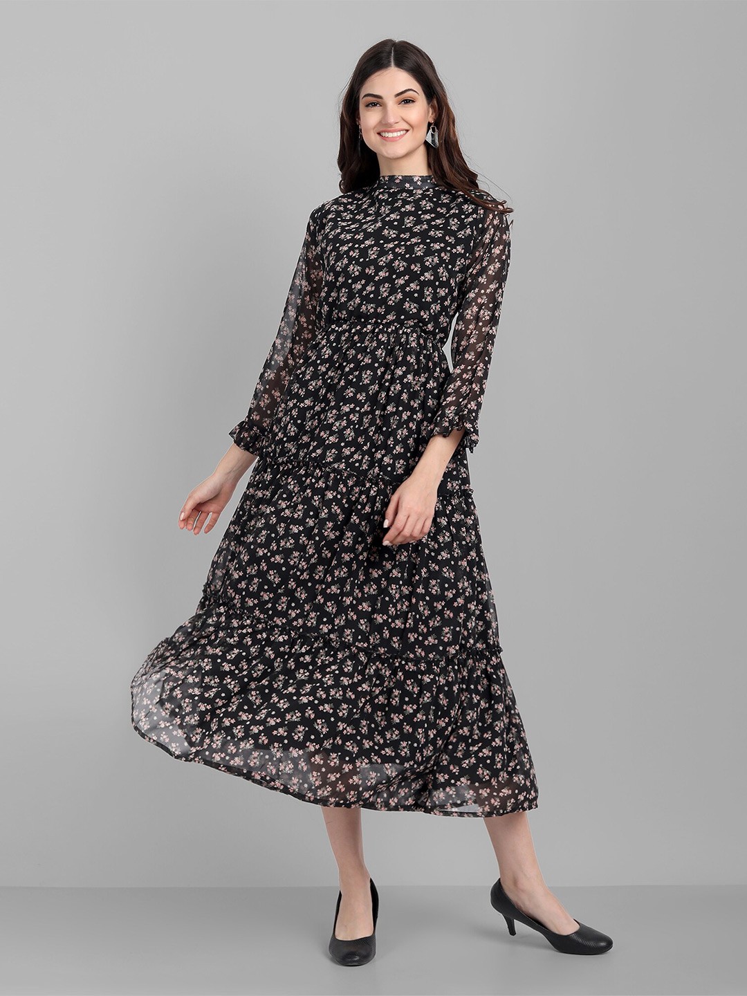 

SINGNI Black Floral Georgette A-Line Midi Dress