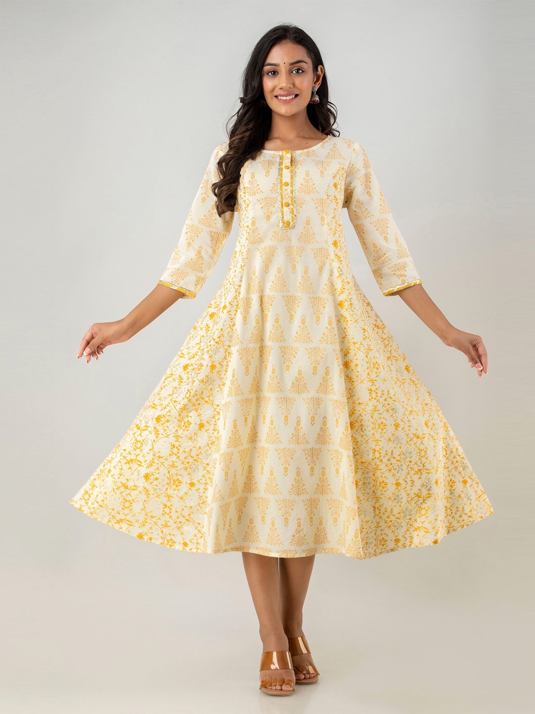 

Sutidora Women Yellow Floral A-Line Midi Dress