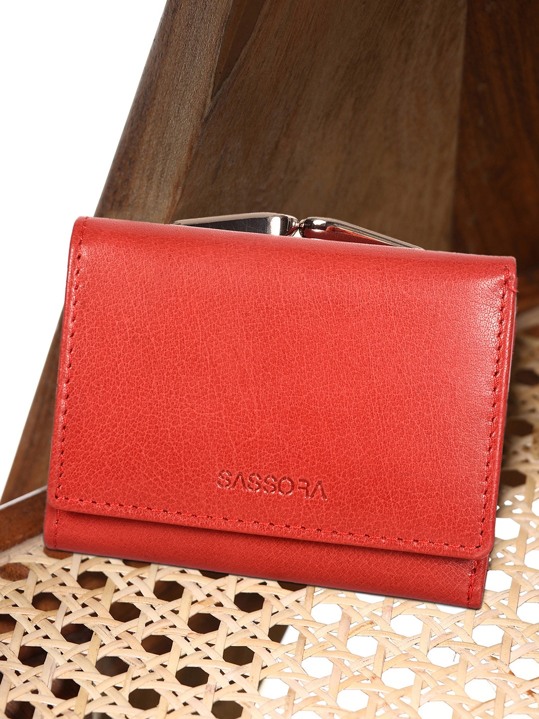 

Sassora Women Red Zip Detail Leather Two Fold Wallet