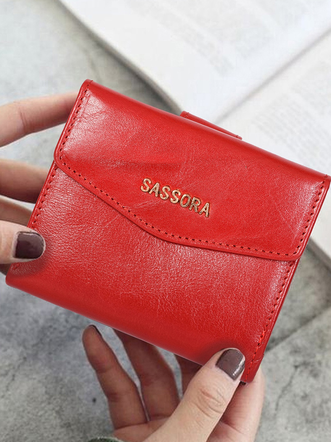 

Sassora Women Red Zip Detail Leather Two Fold Wallet